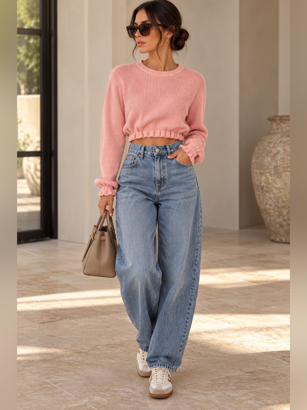 Lovers + Friends Pink Cropped Ribbed Sweater Crewneck Ruffle Trim Size M